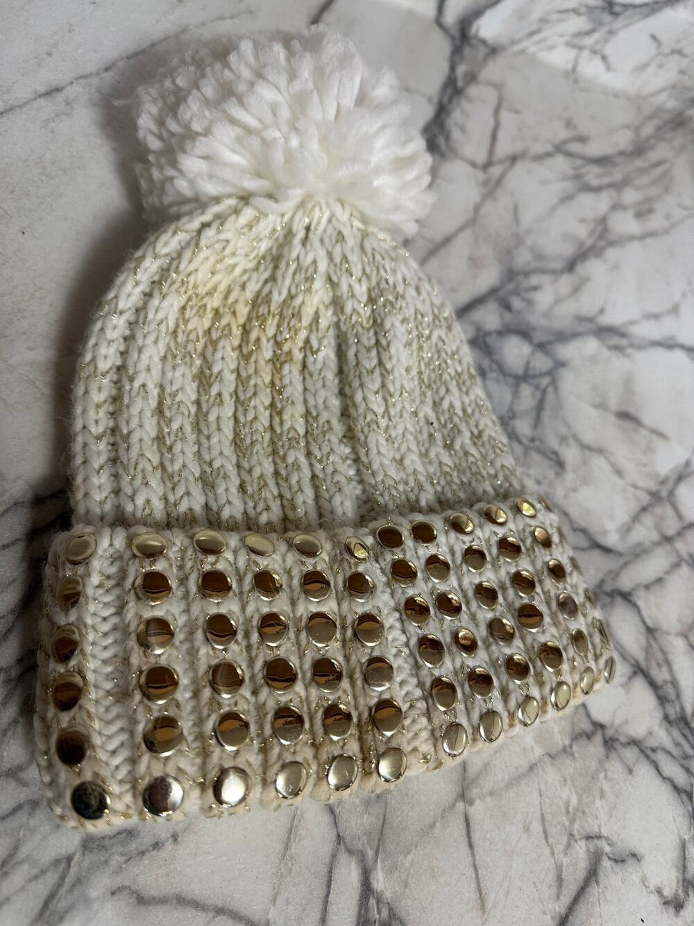 DKNY Flat-Stud Metallic Rib-Knit Beanie Hat - Ivory Cream Gold Shimmer Pom Pom